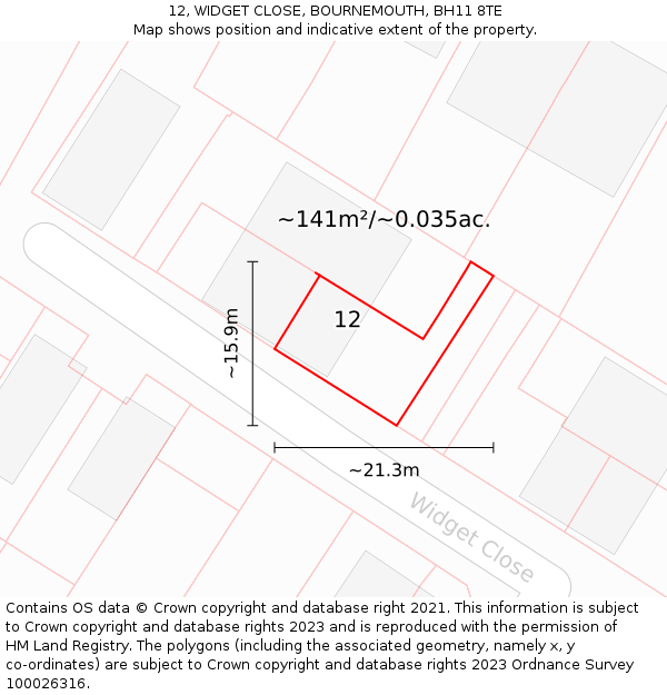 12, WIDGET CLOSE, BOURNEMOUTH, BH11 8TE: Plot and title map