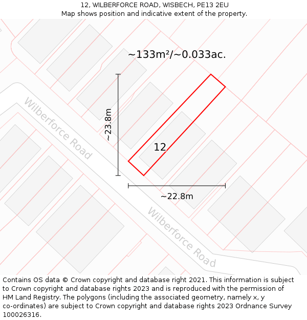 12, WILBERFORCE ROAD, WISBECH, PE13 2EU: Plot and title map