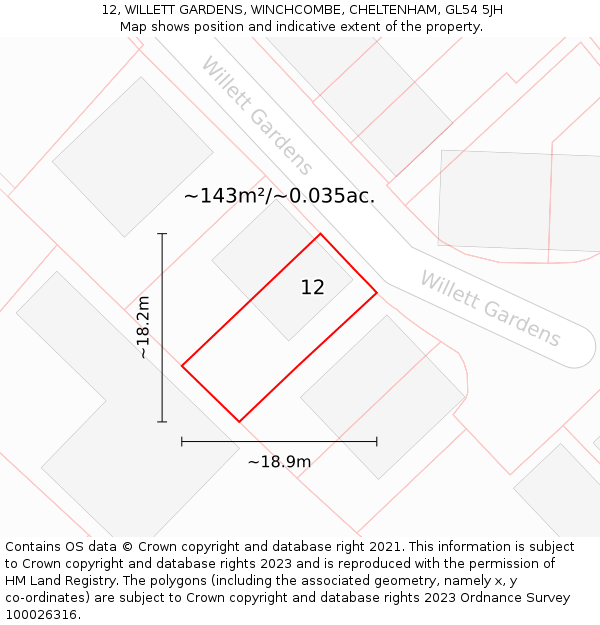12, WILLETT GARDENS, WINCHCOMBE, CHELTENHAM, GL54 5JH: Plot and title map