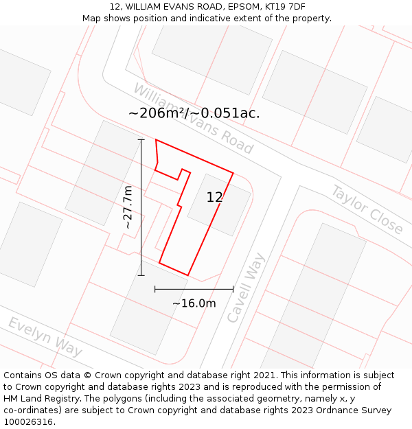 12, WILLIAM EVANS ROAD, EPSOM, KT19 7DF: Plot and title map