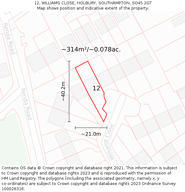 12, WILLIAMS CLOSE, HOLBURY, SOUTHAMPTON, SO45 2GT: Plot and title map