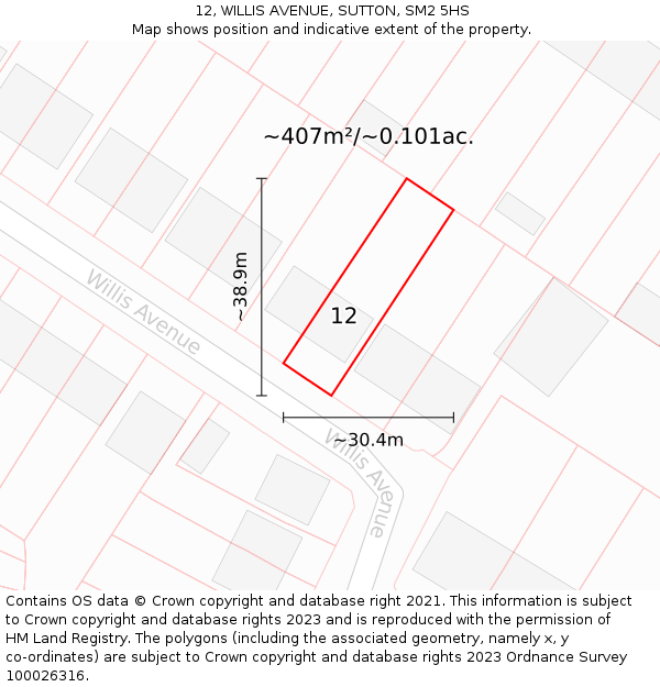 12, WILLIS AVENUE, SUTTON, SM2 5HS: Plot and title map