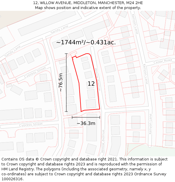 12, WILLOW AVENUE, MIDDLETON, MANCHESTER, M24 2HE: Plot and title map