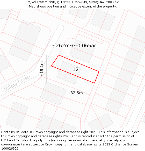 12, WILLOW CLOSE, QUINTRELL DOWNS, NEWQUAY, TR8 4NG: Plot and title map