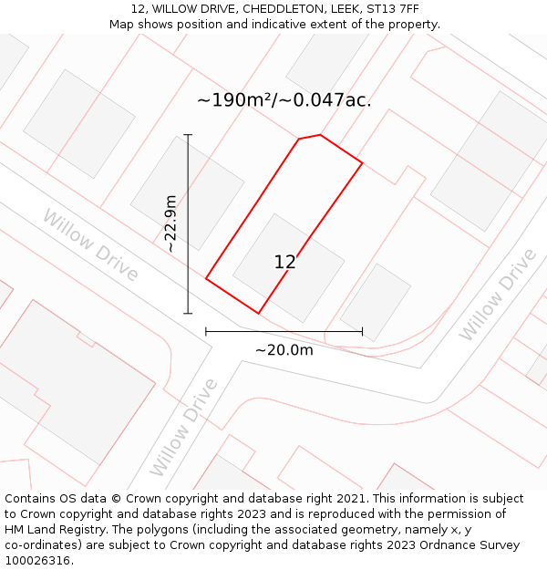12, WILLOW DRIVE, CHEDDLETON, LEEK, ST13 7FF: Plot and title map