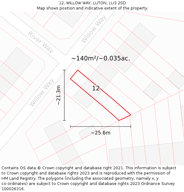 12, WILLOW WAY, LUTON, LU3 2SD: Plot and title map