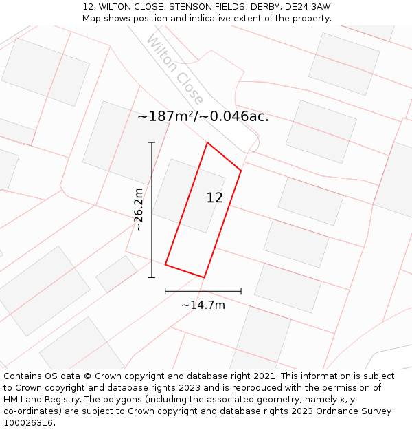 12, WILTON CLOSE, STENSON FIELDS, DERBY, DE24 3AW: Plot and title map