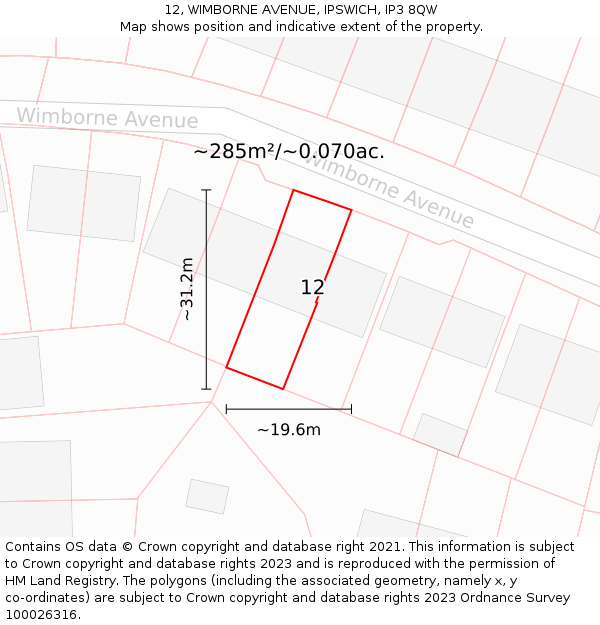 12, WIMBORNE AVENUE, IPSWICH, IP3 8QW: Plot and title map