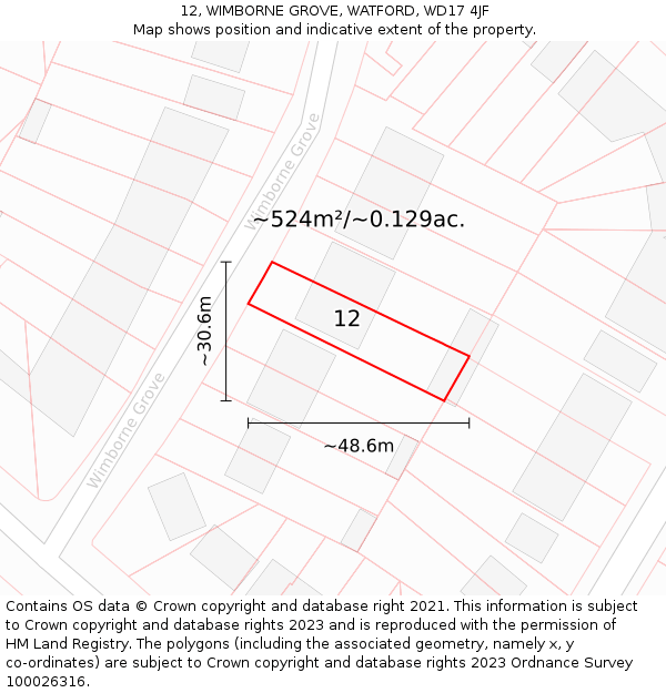 12, WIMBORNE GROVE, WATFORD, WD17 4JF: Plot and title map