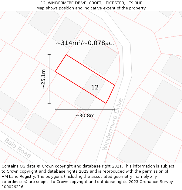 12, WINDERMERE DRIVE, CROFT, LEICESTER, LE9 3HE: Plot and title map