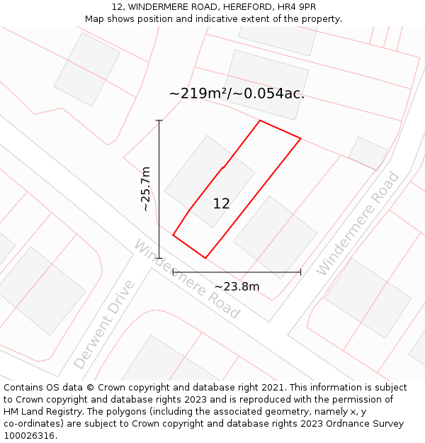 12, WINDERMERE ROAD, HEREFORD, HR4 9PR: Plot and title map