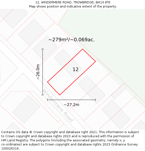 12, WINDERMERE ROAD, TROWBRIDGE, BA14 8TE: Plot and title map
