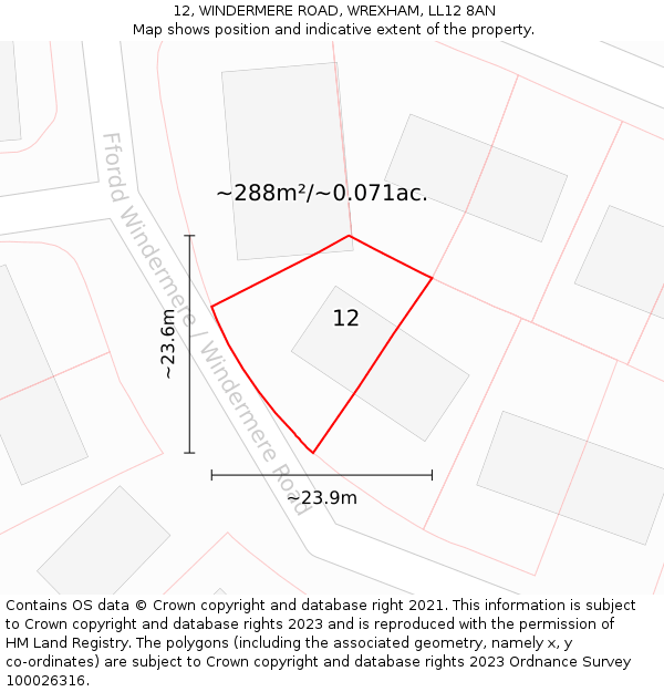 12, WINDERMERE ROAD, WREXHAM, LL12 8AN: Plot and title map
