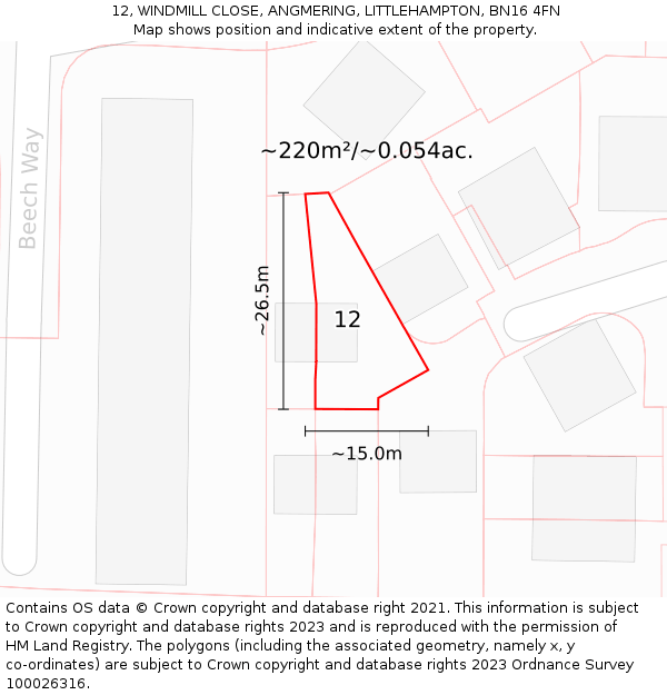 12, WINDMILL CLOSE, ANGMERING, LITTLEHAMPTON, BN16 4FN: Plot and title map