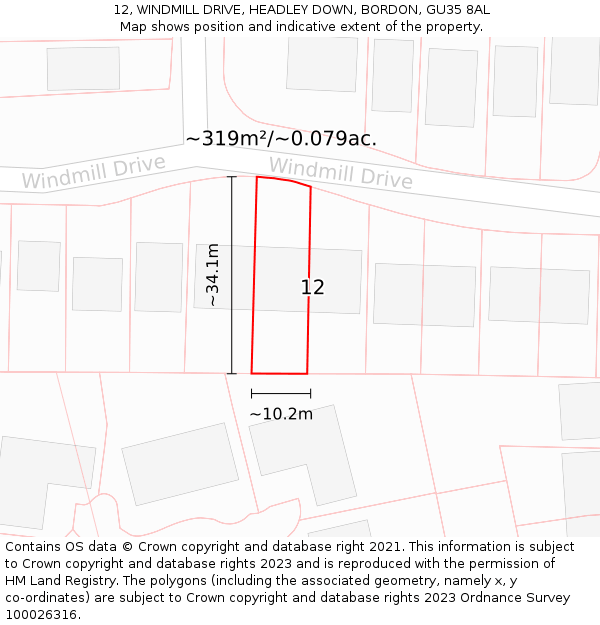 12, WINDMILL DRIVE, HEADLEY DOWN, BORDON, GU35 8AL: Plot and title map