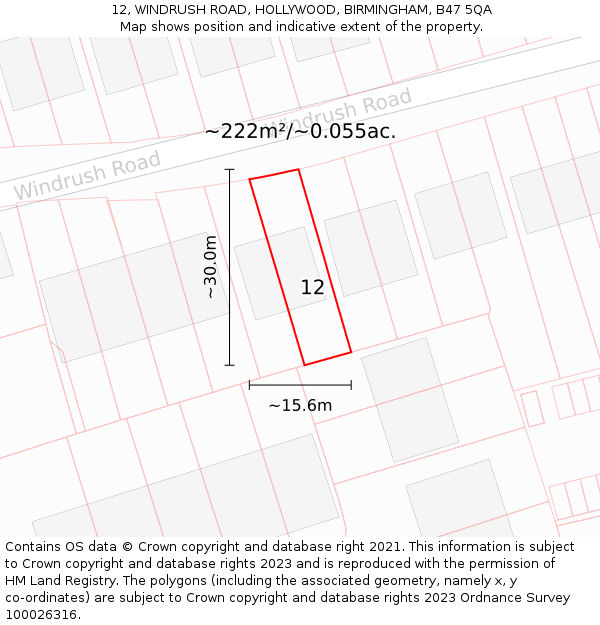 12, WINDRUSH ROAD, HOLLYWOOD, BIRMINGHAM, B47 5QA: Plot and title map