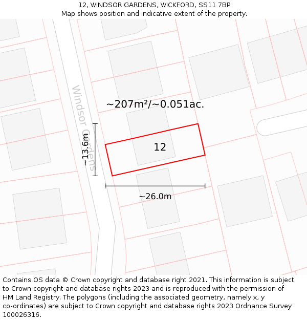 12, WINDSOR GARDENS, WICKFORD, SS11 7BP: Plot and title map