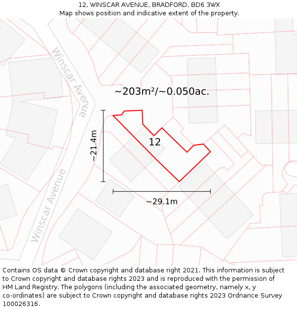 12, WINSCAR AVENUE, BRADFORD, BD6 3WX: Plot and title map
