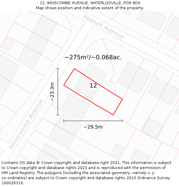 12, WINSCOMBE AVENUE, WATERLOOVILLE, PO8 8DX: Plot and title map