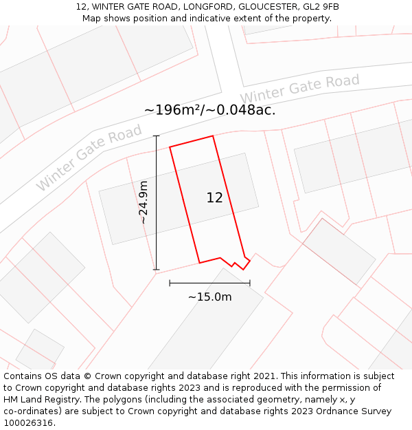 12, WINTER GATE ROAD, LONGFORD, GLOUCESTER, GL2 9FB: Plot and title map