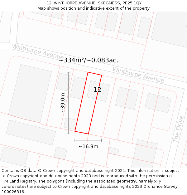 12, WINTHORPE AVENUE, SKEGNESS, PE25 1QY: Plot and title map