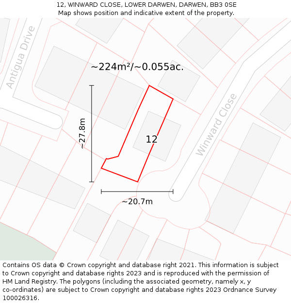 12, WINWARD CLOSE, LOWER DARWEN, DARWEN, BB3 0SE: Plot and title map