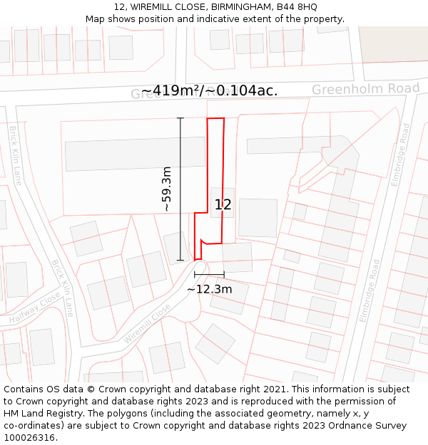 12, WIREMILL CLOSE, BIRMINGHAM, B44 8HQ: Plot and title map