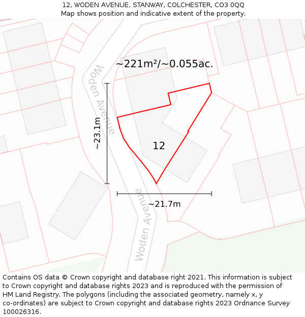 12, WODEN AVENUE, STANWAY, COLCHESTER, CO3 0QQ: Plot and title map