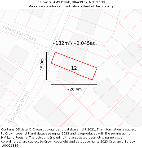 12, WODHAMS DRIVE, BRACKLEY, NN13 6NB: Plot and title map