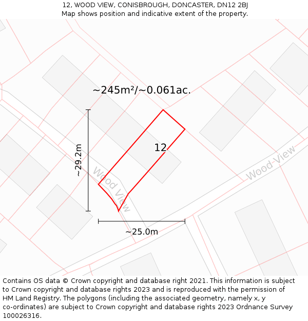 12, WOOD VIEW, CONISBROUGH, DONCASTER, DN12 2BJ: Plot and title map