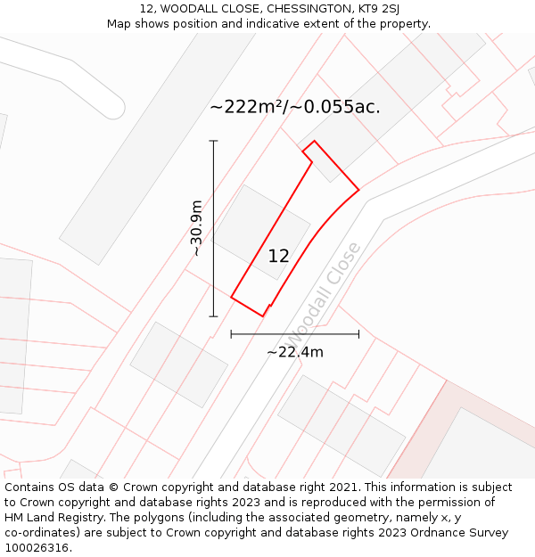 12, WOODALL CLOSE, CHESSINGTON, KT9 2SJ: Plot and title map