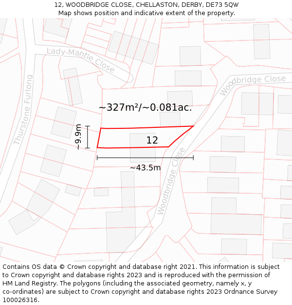 12, WOODBRIDGE CLOSE, CHELLASTON, DERBY, DE73 5QW: Plot and title map