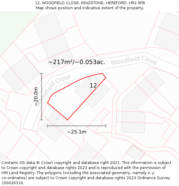 12, WOODFIELD CLOSE, KINGSTONE, HEREFORD, HR2 9FB: Plot and title map