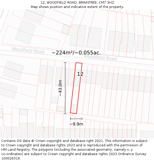 12, WOODFIELD ROAD, BRAINTREE, CM7 3HZ: Plot and title map
