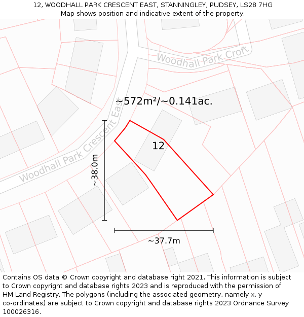 12, WOODHALL PARK CRESCENT EAST, STANNINGLEY, PUDSEY, LS28 7HG: Plot and title map