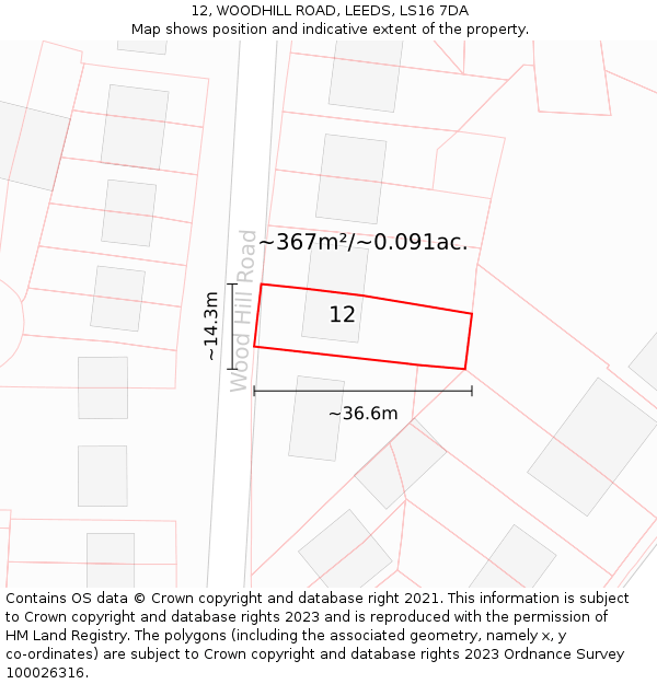 12, WOODHILL ROAD, LEEDS, LS16 7DA: Plot and title map