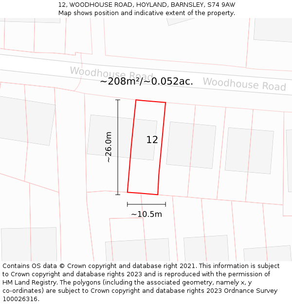 12, WOODHOUSE ROAD, HOYLAND, BARNSLEY, S74 9AW: Plot and title map