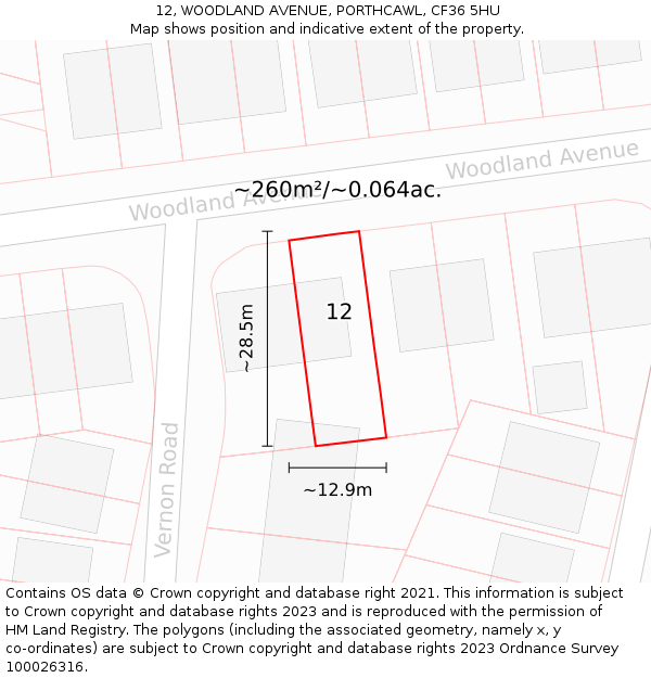 12, WOODLAND AVENUE, PORTHCAWL, CF36 5HU: Plot and title map