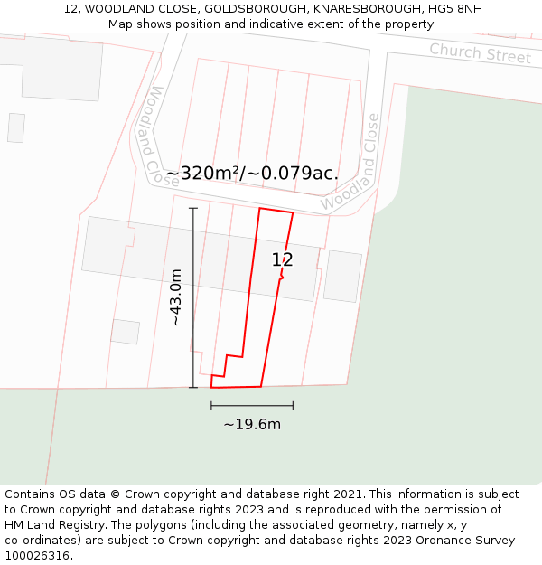 12, WOODLAND CLOSE, GOLDSBOROUGH, KNARESBOROUGH, HG5 8NH: Plot and title map