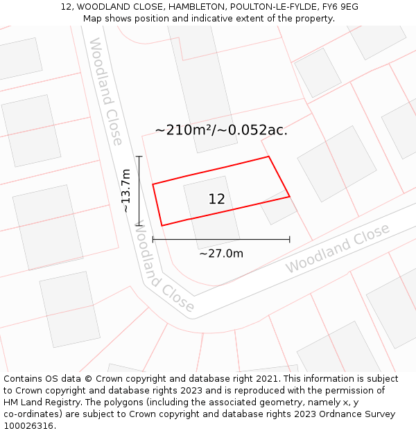 12, WOODLAND CLOSE, HAMBLETON, POULTON-LE-FYLDE, FY6 9EG: Plot and title map
