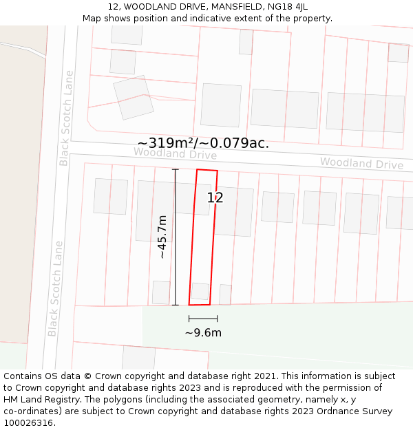 12, WOODLAND DRIVE, MANSFIELD, NG18 4JL: Plot and title map