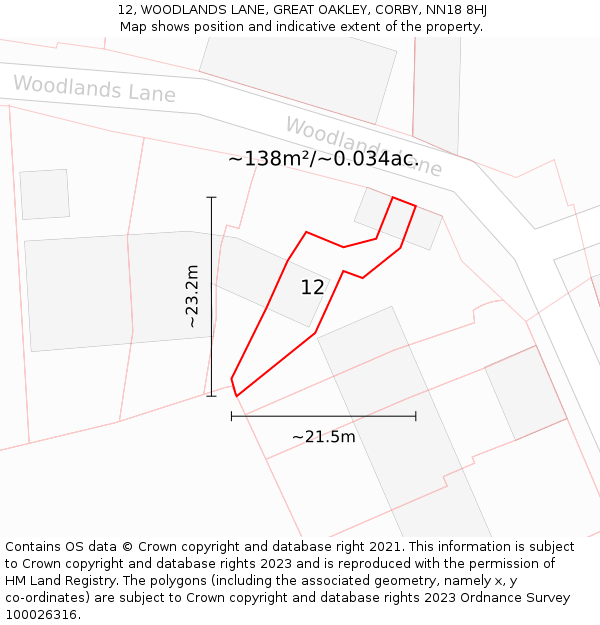 12, WOODLANDS LANE, GREAT OAKLEY, CORBY, NN18 8HJ: Plot and title map