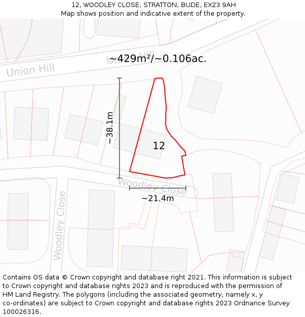 12, WOODLEY CLOSE, STRATTON, BUDE, EX23 9AH: Plot and title map