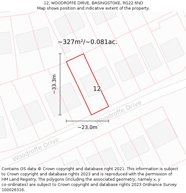 12, WOODROFFE DRIVE, BASINGSTOKE, RG22 6ND: Plot and title map