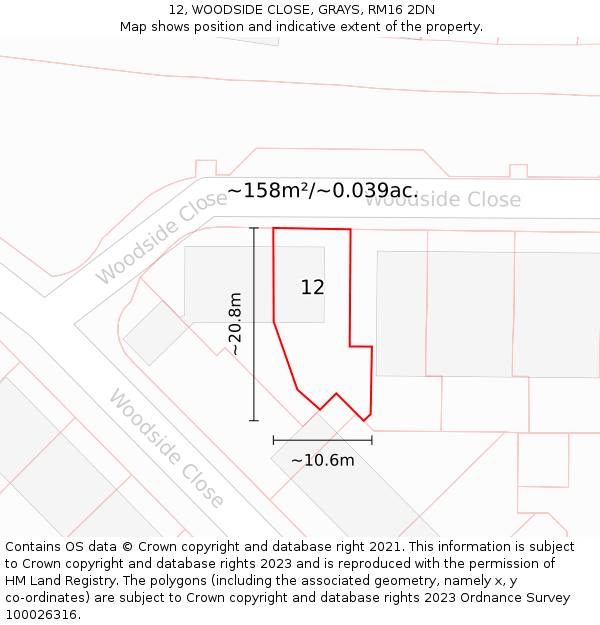 12, WOODSIDE CLOSE, GRAYS, RM16 2DN: Plot and title map