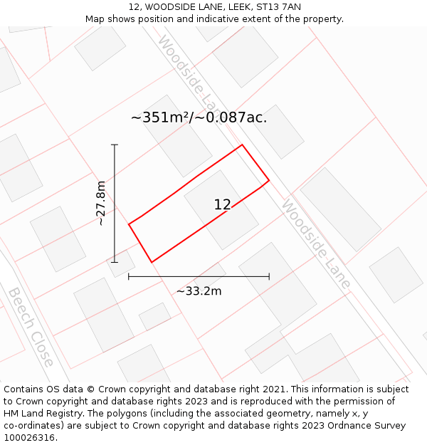 12, WOODSIDE LANE, LEEK, ST13 7AN: Plot and title map