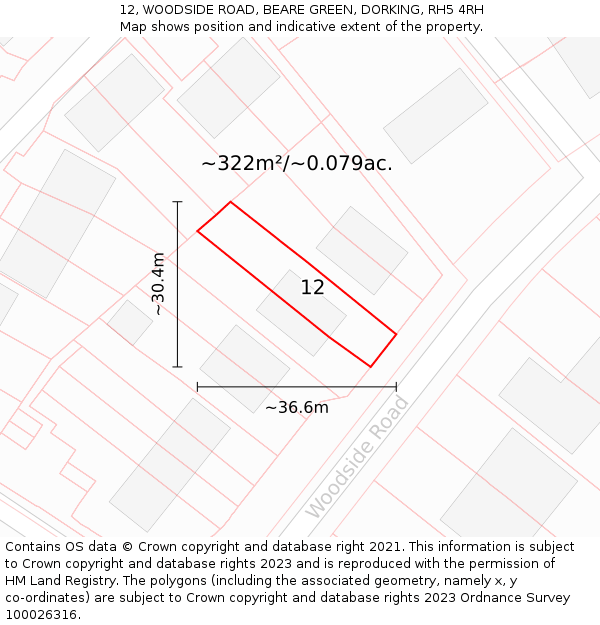12, WOODSIDE ROAD, BEARE GREEN, DORKING, RH5 4RH: Plot and title map