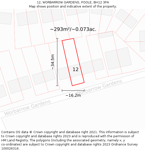 12, WORBARROW GARDENS, POOLE, BH12 3PA: Plot and title map