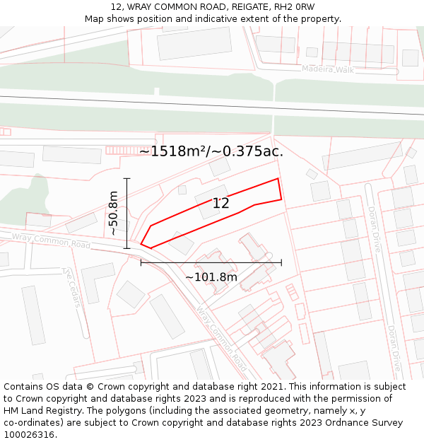 12, WRAY COMMON ROAD, REIGATE, RH2 0RW: Plot and title map