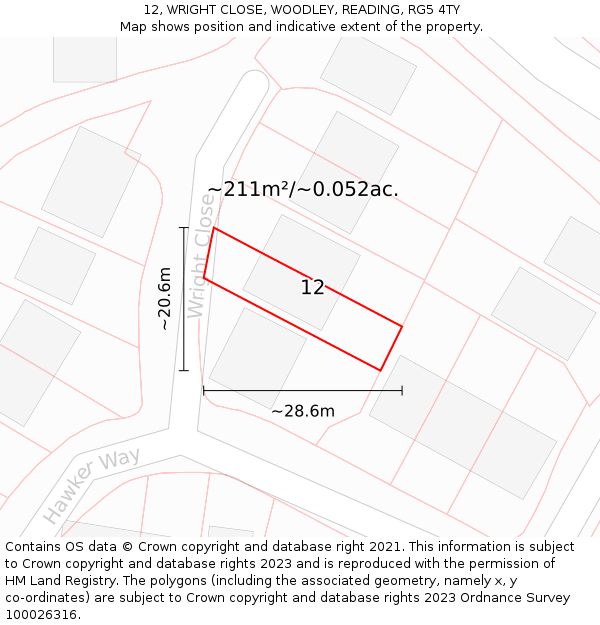 12, WRIGHT CLOSE, WOODLEY, READING, RG5 4TY: Plot and title map